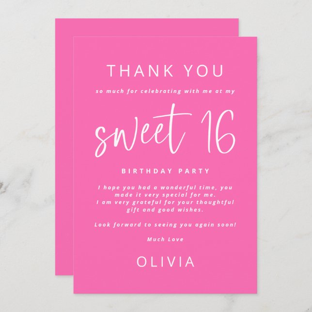 Modern Hot Pink Sweet 16 Birthday Party Thank You Card (Front/Back)