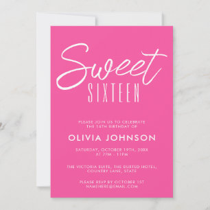 Modern Hot Pink Sweet Sixteen 16th birthday Invitation