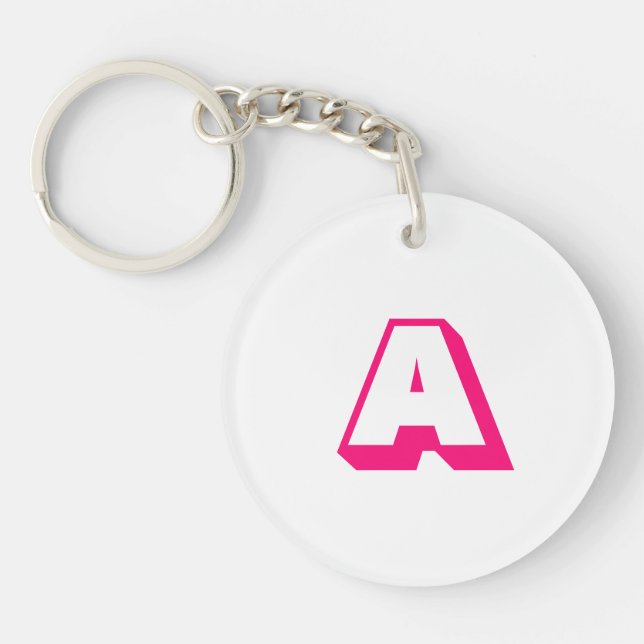 Modern hot pink white custom monogram initial  key ring (Front)