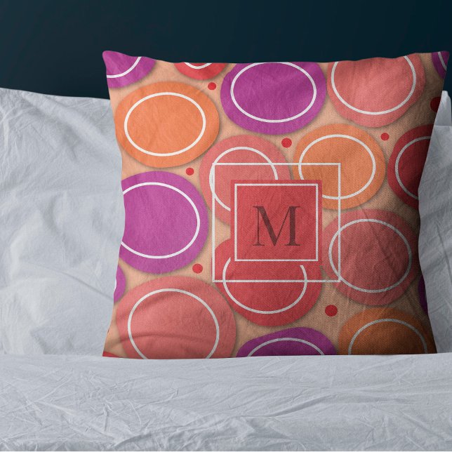 Modern Hot Pinks Purple Abstract Circles Monogram Cushion (Creator Uploaded)