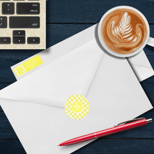 Modern Houndstooth Lemon Yellow & White Monogram Classic Round Sticker