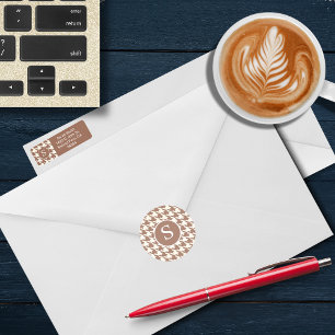 Modern Houndstooth Mocha Mousse & White Monogram Classic Round Sticker