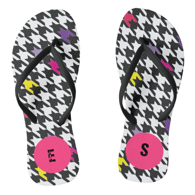 Modern Houndstooth Pattern Pink Purple Yellow Thongs (Footbed)
