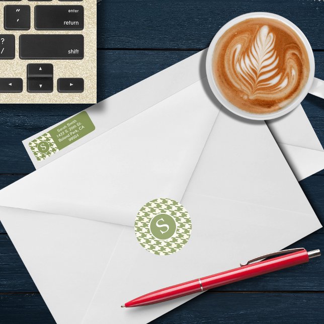 Modern Houndstooth Sage Green & White Monogram Classic Round Sticker (Creator Uploaded)