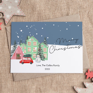 Modern House and Snow Christmas Flat Holiday Card