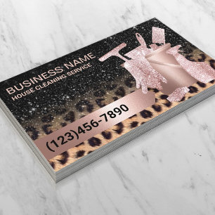 Modern House Cleaning Leopard & Rose Gold Glitter Business Card