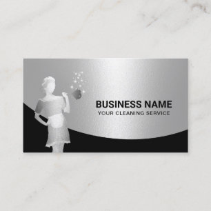 Modern House Cleaning Maid Service Elegant Silver Business Card