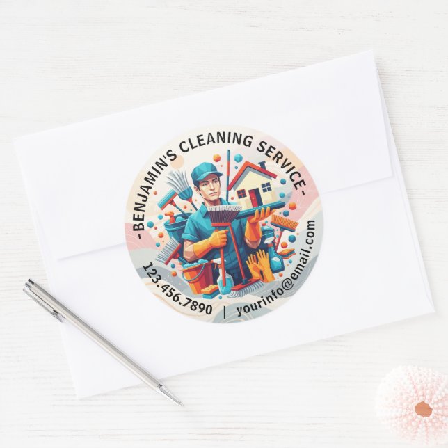 Modern House Cleaning Maid Service Housekeeping Classic Round Sticker (Envelope)