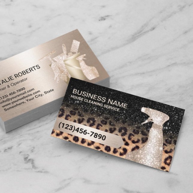 Modern House Cleaning Service Black & Gold Leopard Business Card (Creator Uploaded)