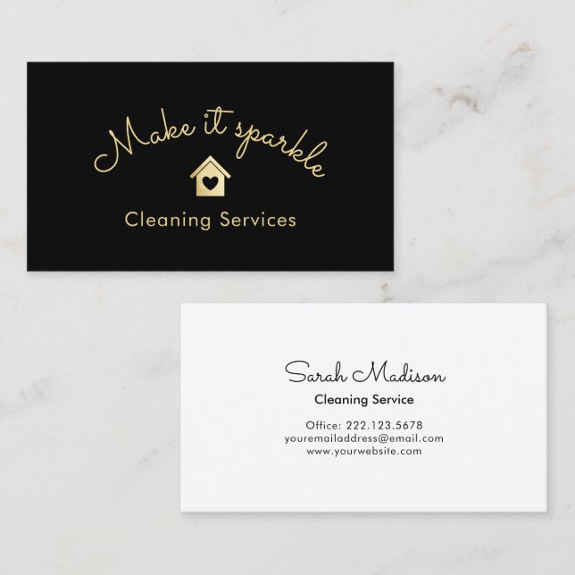 Modern House Cleaning Service Gold Sparkle Black Business Card (Front/Back)