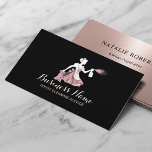 Modern House Cleaning Service Rose Gold & Black Business Card