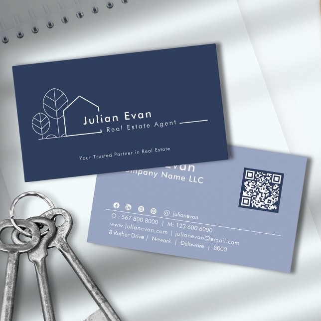 Modern House Logo Navy Blue Real Estate Agent Business Card (Creator Uploaded)