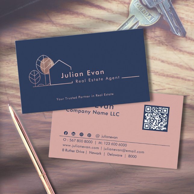 Modern House Logo Navy Blue Rose Gold Realtor Business Card (Creator Uploaded)