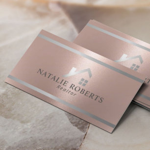 Modern House Logo Real Estate Realtor Rose Gold Business Card