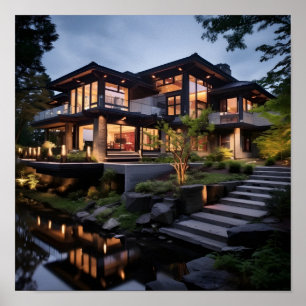 Modern House with Water Feature Poster