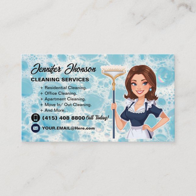 Modern Housekeeper Cleaning Service Business Card (Front)