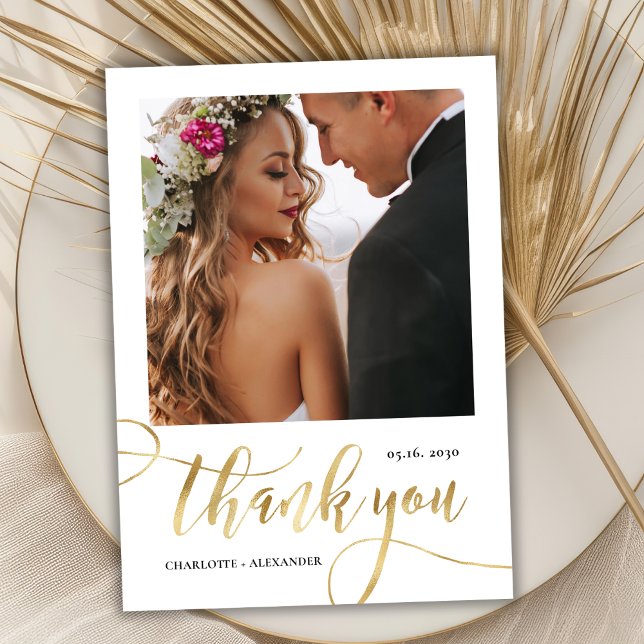 Modern Huge Gold Script 2 Photo Wedding  Thank You Card (Creator Uploaded)