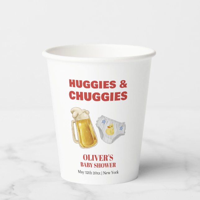 Modern Huggies Chuggies Beer Diaper Baby Shower  Paper Cups (Front)
