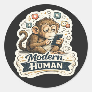 Modern Human Funny Monkey Smartphone Social Media Classic Round Sticker
