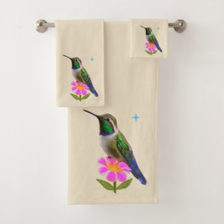 Modern Hummingbird and Flower on Light Sand Beige Bath Towel Set