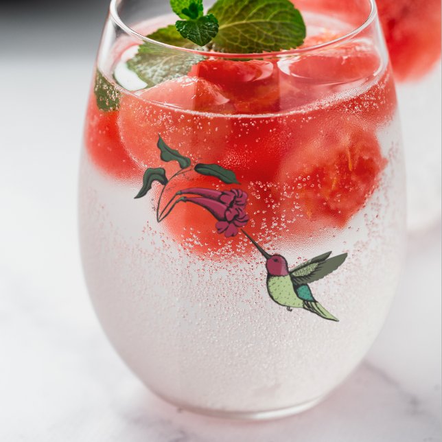 Modern Hummingbird Stemless Wine Glass (Beautiful Hummingbird Visiting a Tropical Flower. Hand-Drawn in Black Ink. )