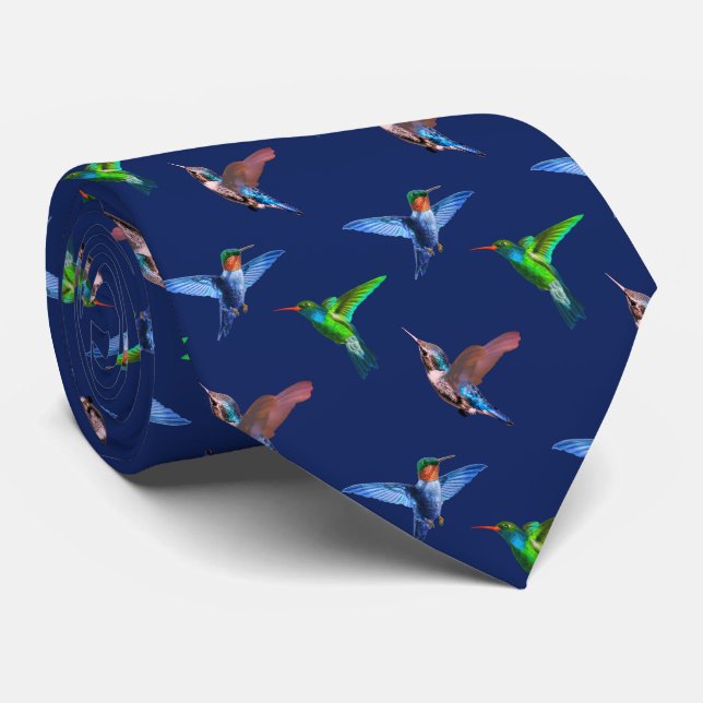 Modern Hummingbirds on Navy Blue Tie (Rolled)