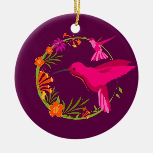 Modern Hummingbirds Pink Purple Personalized Ceramic Ornament (Front)