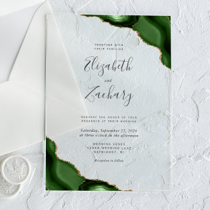 Modern Hunter Green Gold Agate Corners Wedding Acrylic Invitations