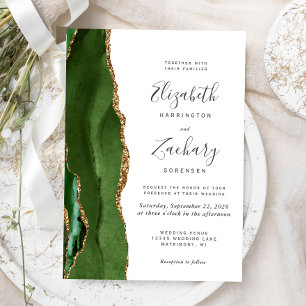 Modern Hunter Green Gold Agate Wedding Invitation