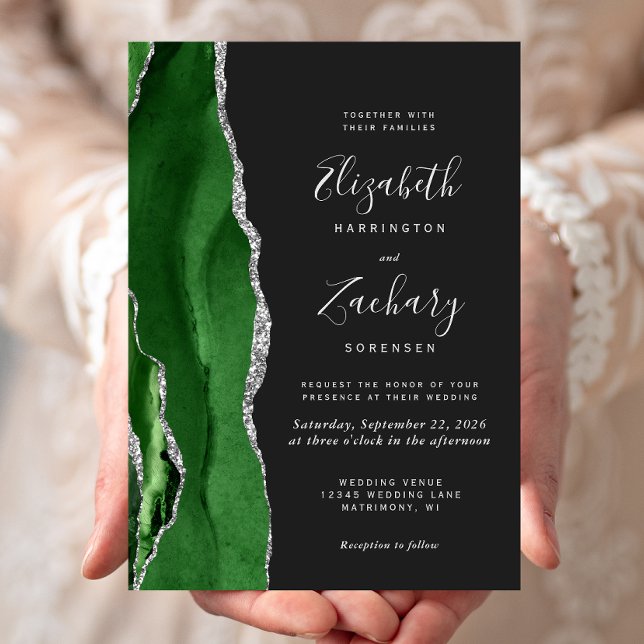 Modern Hunter Green Silver Agate Dark Wedding Invitation (Creator Uploaded)