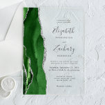 Modern Hunter Green Silver Agate Wedding Acrylic Invitations<br><div class="desc">The left-hand edge of this elegant modern wedding invitation features a hunter green watercolor agate border trimmed with faux silver glitter. The customisable text combines handwriting,  copperplate and italic fonts in charcoal grey on a clear background.</div>