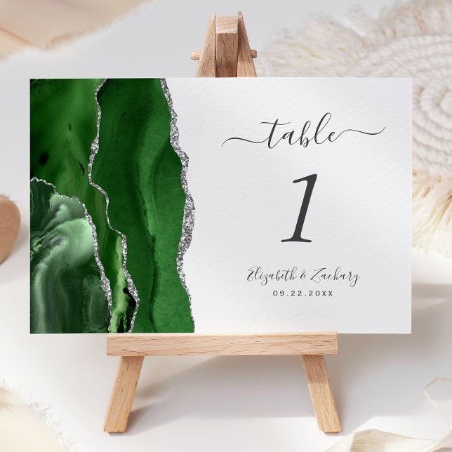 Modern Hunter Green Silver Agate Wedding Table Number (Creator Uploaded)