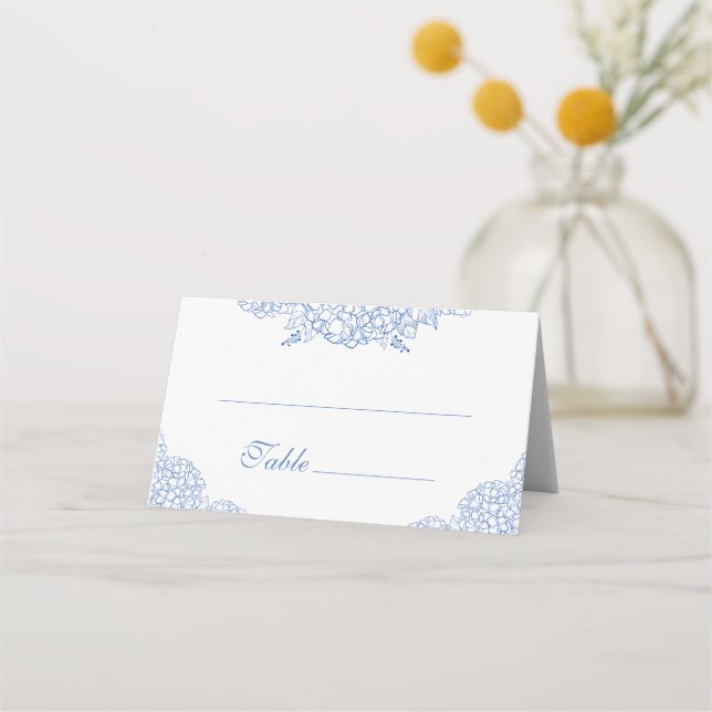 Modern Hydrangea Dusty Blue Floral Wedding Place Card (Front)
