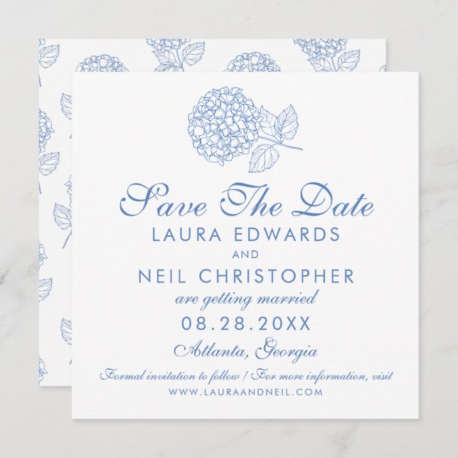 Modern Hydrangea Dusty Blue Floral Wedding Save The Date (Front/Back)