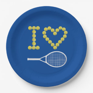 Modern I Love Tennis Blue Paper Plate