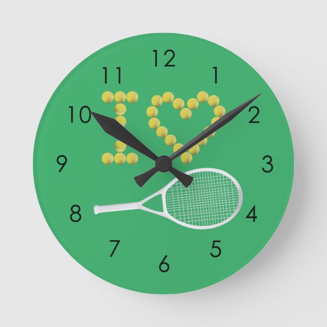Modern I Love Tennis Green Round Clock (Front)