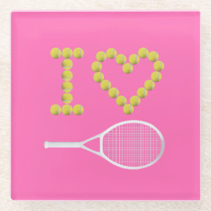 Modern I Love Tennis Pink Glass Coaster