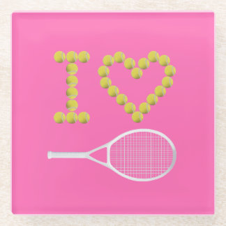 Modern I Love Tennis Pink Glass Coaster