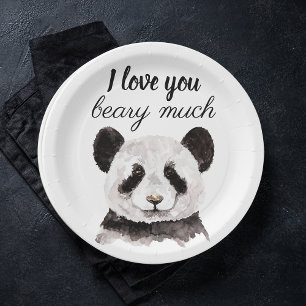 Modern I Love You Beary Much Black And White Panda Paper Plate