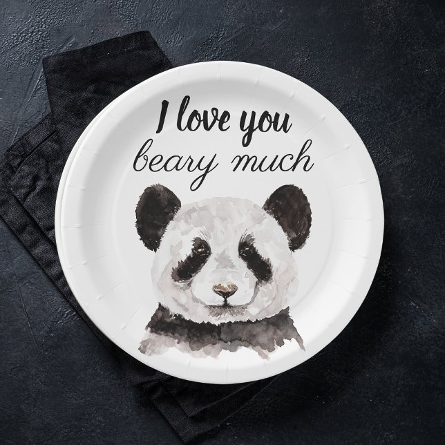 Modern I Love You Beary Much Black And White Panda Paper Plate (Creator Uploaded)