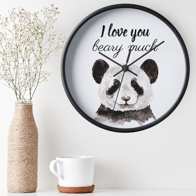 Modern I Love You Beary Much Black And White Panda Round Clock (Creator Uploaded)