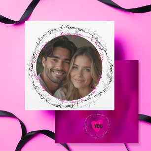 Modern I Love You with Photo Circle Pink Holiday Card