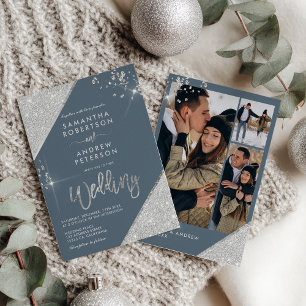 Modern Ice Blue and Silver Glitter 3-Photo Wedding Invitation