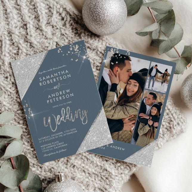 Modern Ice Blue and Silver Glitter 3-Photo Wedding Invitation (Modern Ice Blue and Silver Glitter 3-Photo Wedding Invitation)
