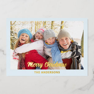 Modern Ice Blue Elegant Photo Flat Merry Christmas Foil Holiday Card