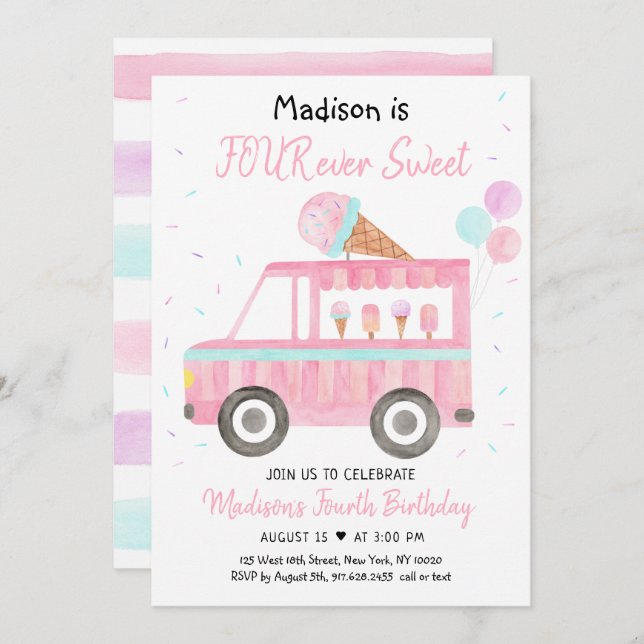 Modern Ice Cream Truck FOUR ever Sweet Birthday Invitation (Front/Back)