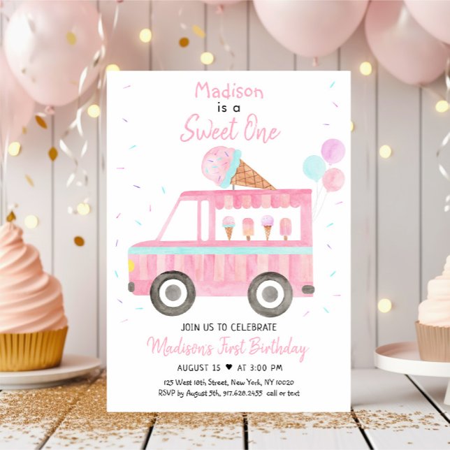Modern Ice Cream Truck Sweet One Birthday Invitation (Creator Uploaded)