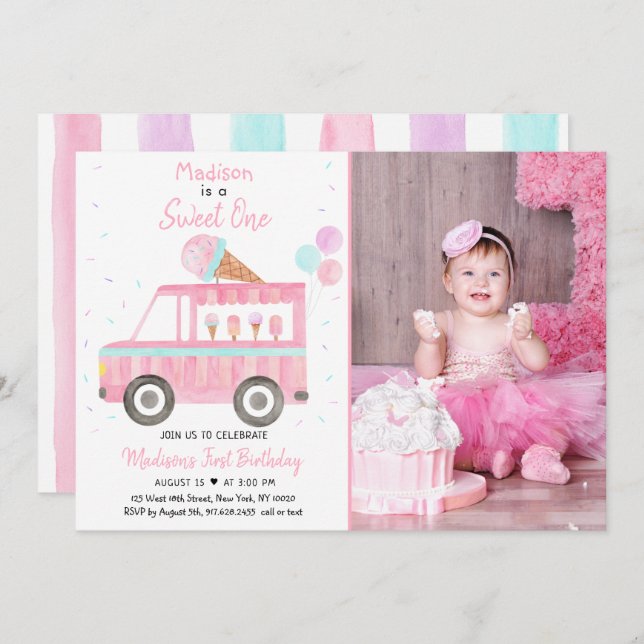 Modern Ice Cream Truck Sweet One Birthday Invitation (Front/Back)