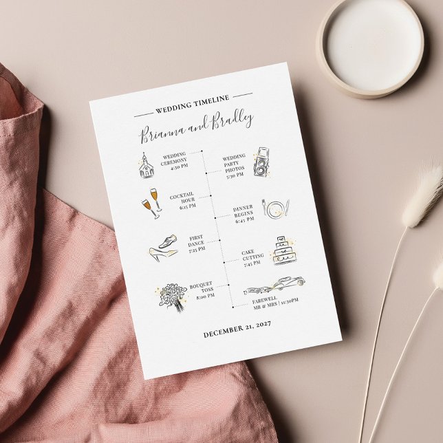 Modern Icon Wedding Day Itinerary Card (Modern Wedding Timeline with icons Program)