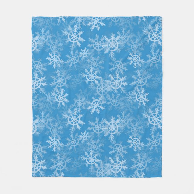 Modern Icy Blue, Gray and White Snowflake Pattern Fleece Blanket (Front)